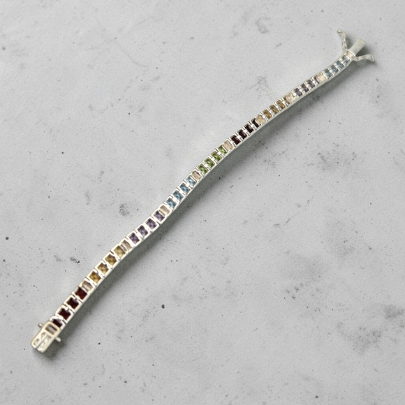 Sterling Silver 925 Multi Gemstone Tennis Bracelet 6.75” Thailand 19.5g - Picture 2 of 9